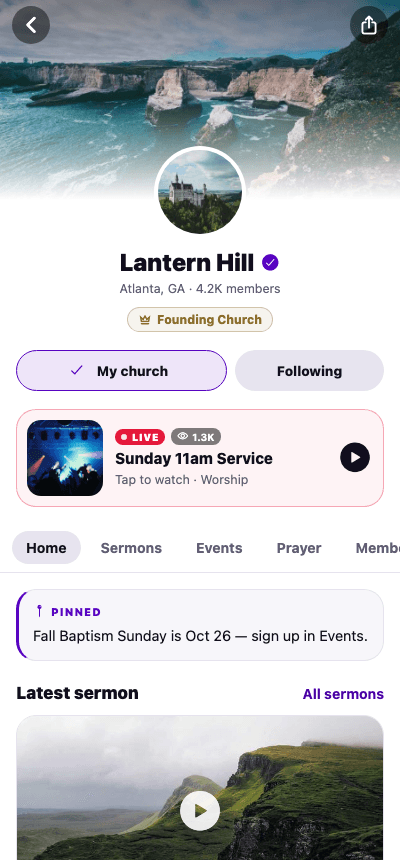 A church page with a live service