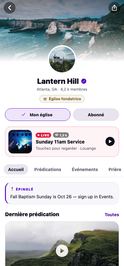 La page d’une Église avec une célébration en live